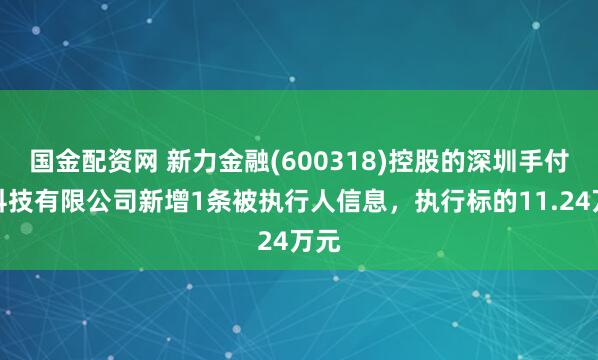 国金配资网 新力金融(600318)控股的深圳手付通科技有限公司新增1条被执行人信息，执行标的11.24万元